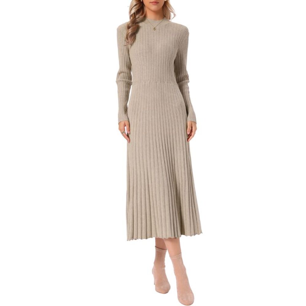 Women's Long Sleeve Bodycon Midi Dress Pleated Sweater Dress Camel